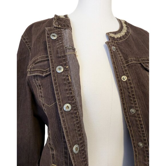 Vintage 90s Live A Little LAL Brown Denim Jacket Embroidered Snap Button Size L - Picture 4 of 9